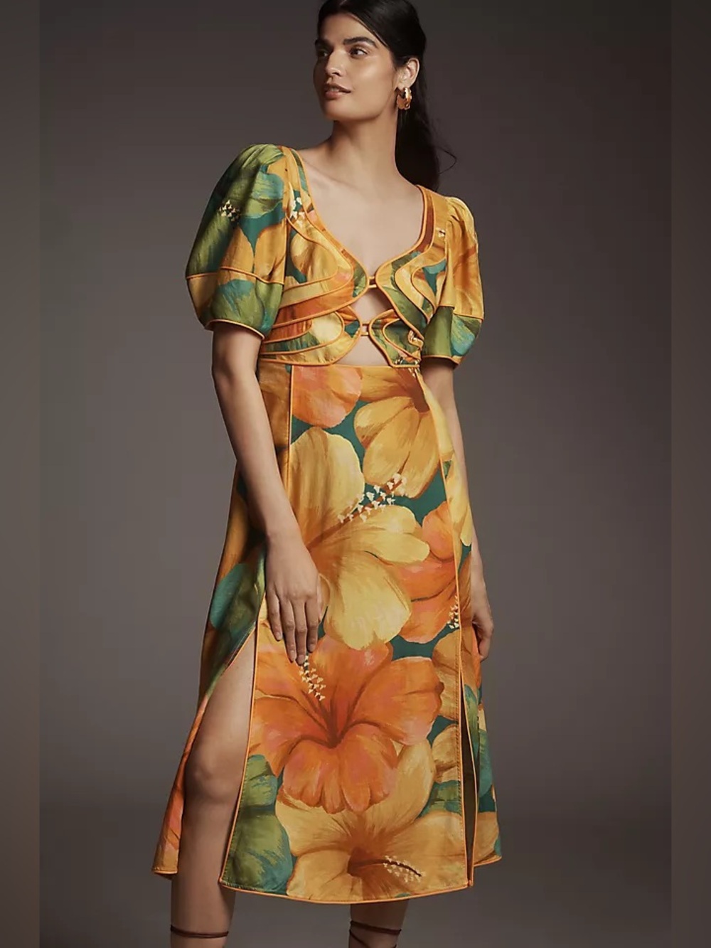 FARM Rio Yellow & Green Floral Cutout Midi Dress